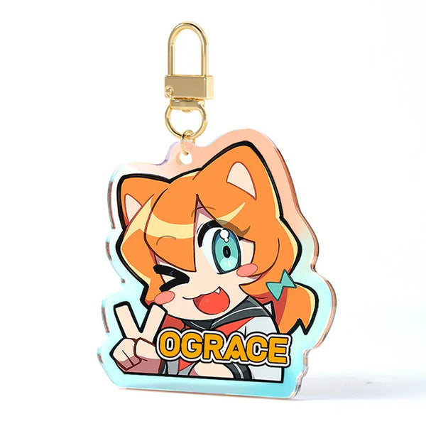 Custom rainbow acrylic charm featuring a winking, cat-eared anime character with gold clasp