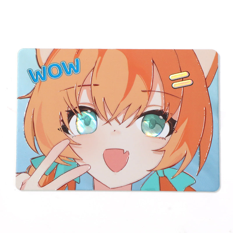 Custom duplexed card with raised foil stamping, featuring anime girl with orange hair, peace sign, and holographic eyes.