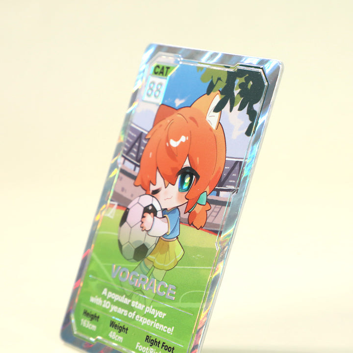 Custom holographic anime character trading card with soccer theme, duplexed foil finish