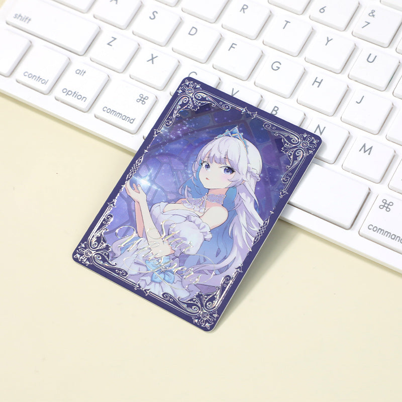 Custom raised foil anime art card with elegant border on white keyboard
