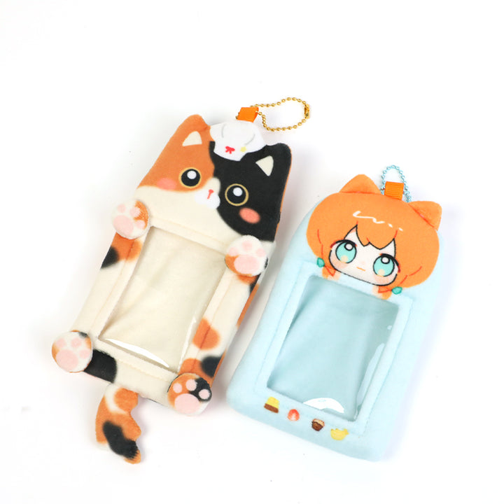 Custom plush card holders in cute cat and anime girl designs with clear ID windows