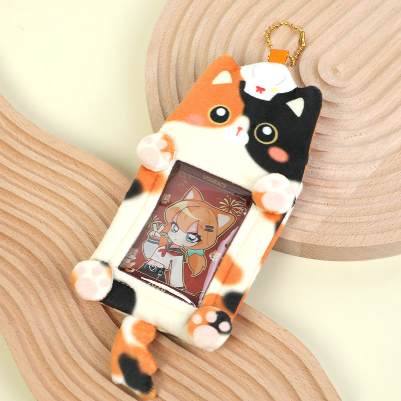Plush cat-shaped card holder with keychain, featuring a window for displaying cards or badges.