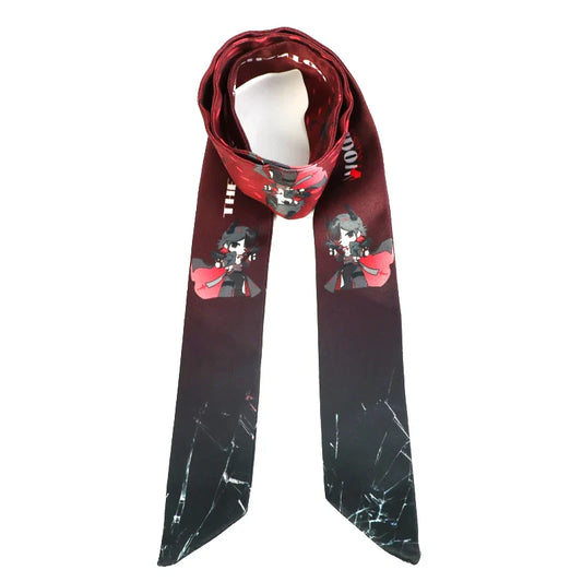 Custom silk scarf with anime character print, red and black gradient design, laid flat