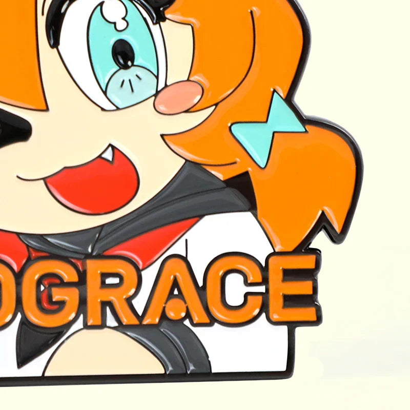 Custom soft enamel pin featuring an anime-style character with orange hair and bold text.