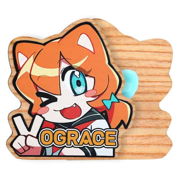 Custom wooden pin badge with anime cat girl character, peace sign, and vibrant colors