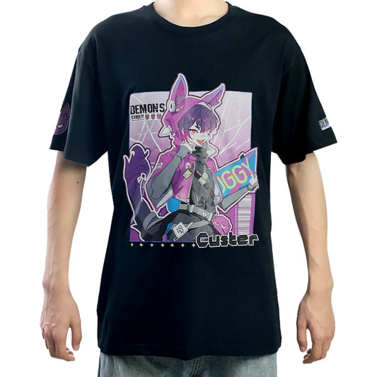 Schwarzes Baumwoll-T-Shirt mit farbenfrohem Anime-Charakter-Print und „Custer“-Schriftzug auf der Vorderseite