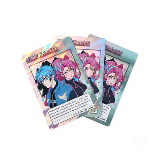 Custom holographic trading cards with anime-style character art and colorful backgrounds