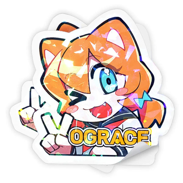 Custom holographic vinyl sticker with colorful anime cat girl character and playful text