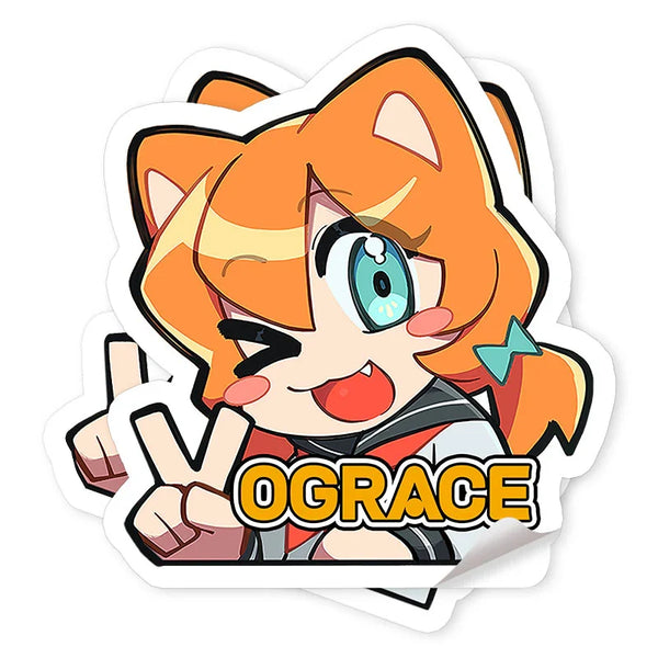 Custom anime vinyl sticker featuring a winking cartoon girl with orange hair making a peace sign