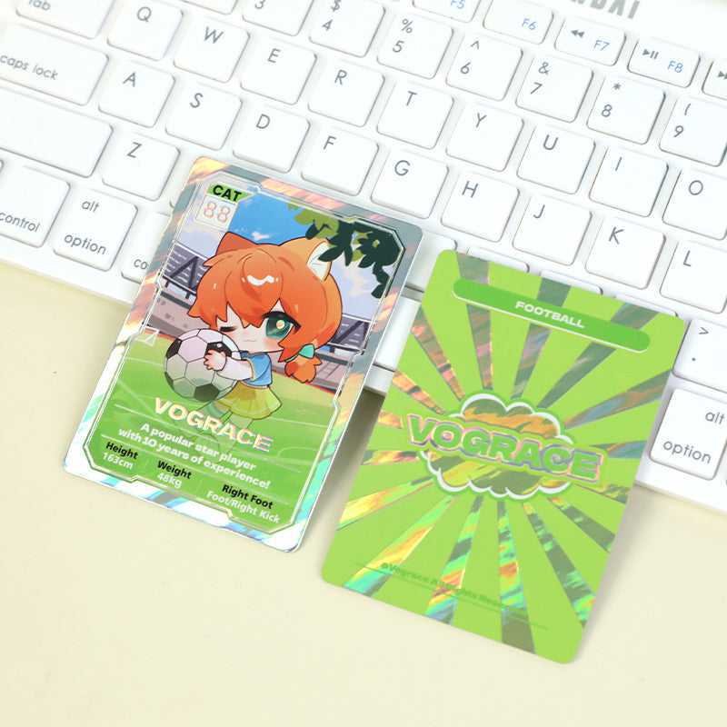 Custom holographic anime character foil trading cards on keyboard, sports theme