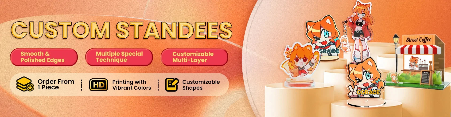 Custom anime acrylic standees with vibrant colors, polished edges, and multi-layer designs for collectibles or displays.