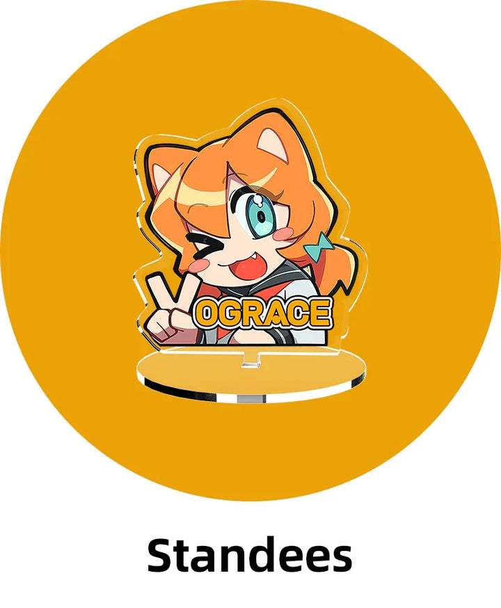 Acrylic standee featuring a winking anime cat girl on an orange background, labeled Standees.
