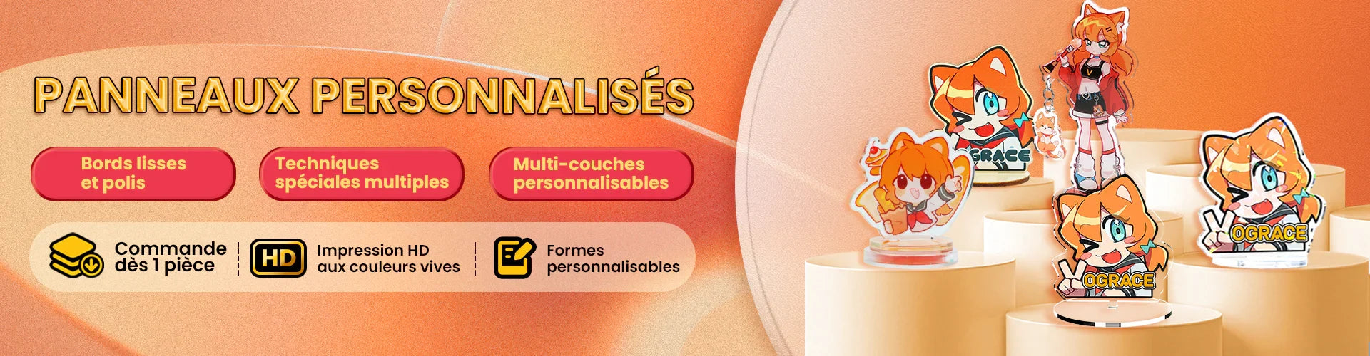 Custom acrylic anime character standees with smooth edges, HD print, and personalized shapes for merch