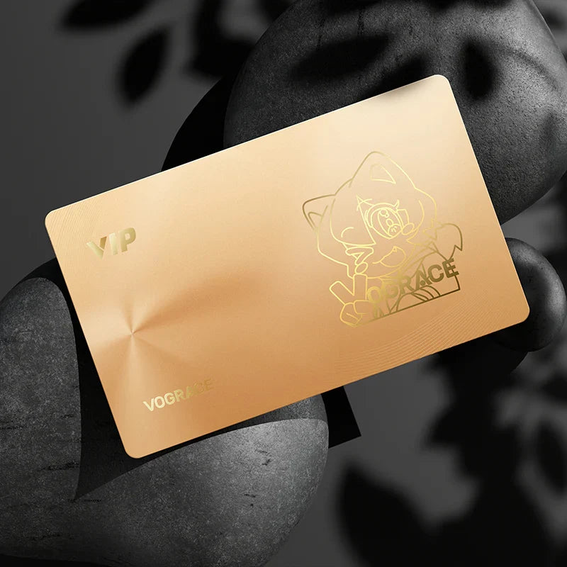 Gold VIP membership card with engraved anime character design, luxury texture, black stone background