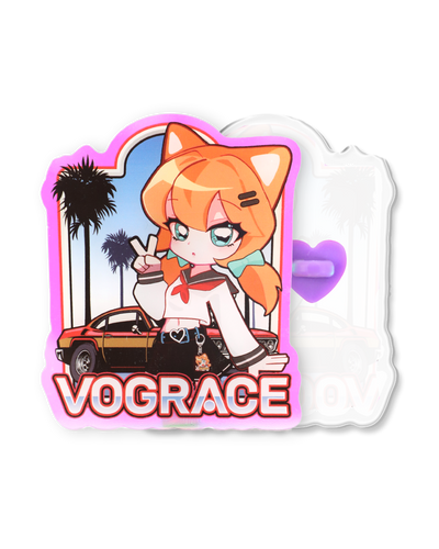 Vograce Product Collections Custom Pins Categories Anime cat girl acrylic standee with orange car, palm trees, and VOGRACE text