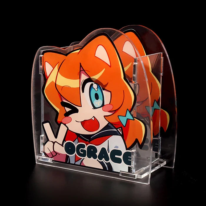 Acrylic pen holder with cute orange-haired anime character and peace sign, transparent design.
