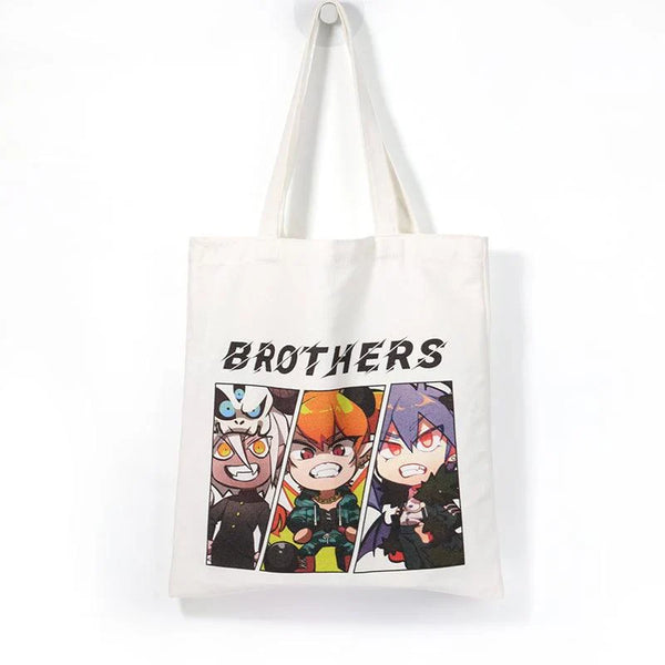 Custom canvas tote bag with anime cartoon brothers print, white background, reusable bag