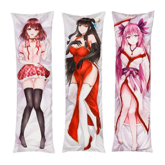 Custom anime body pillows featuring three female characters in various outfits.